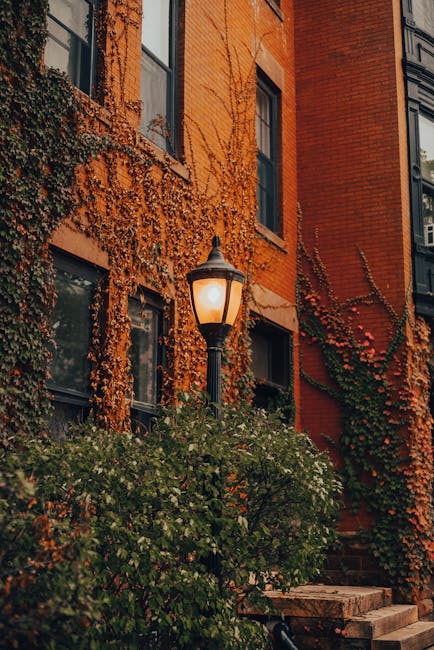 Rustic brick building with ivy and warm street lamp, embodying autumn vibes.